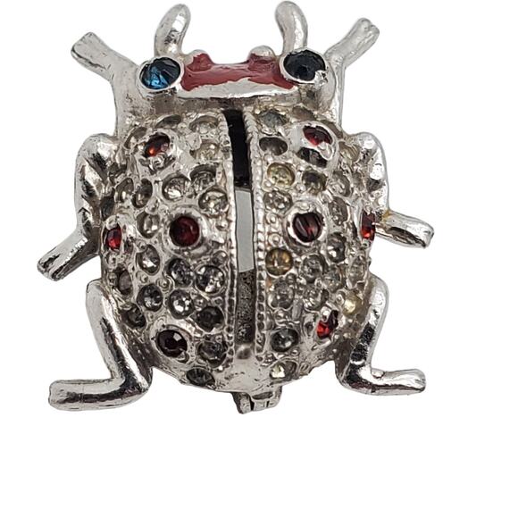 Vintage Coro Ladybug Perfume Sachet Brooch Rhinestone Tiny Bug Pin Silver Tone - Picture 6 of 11
